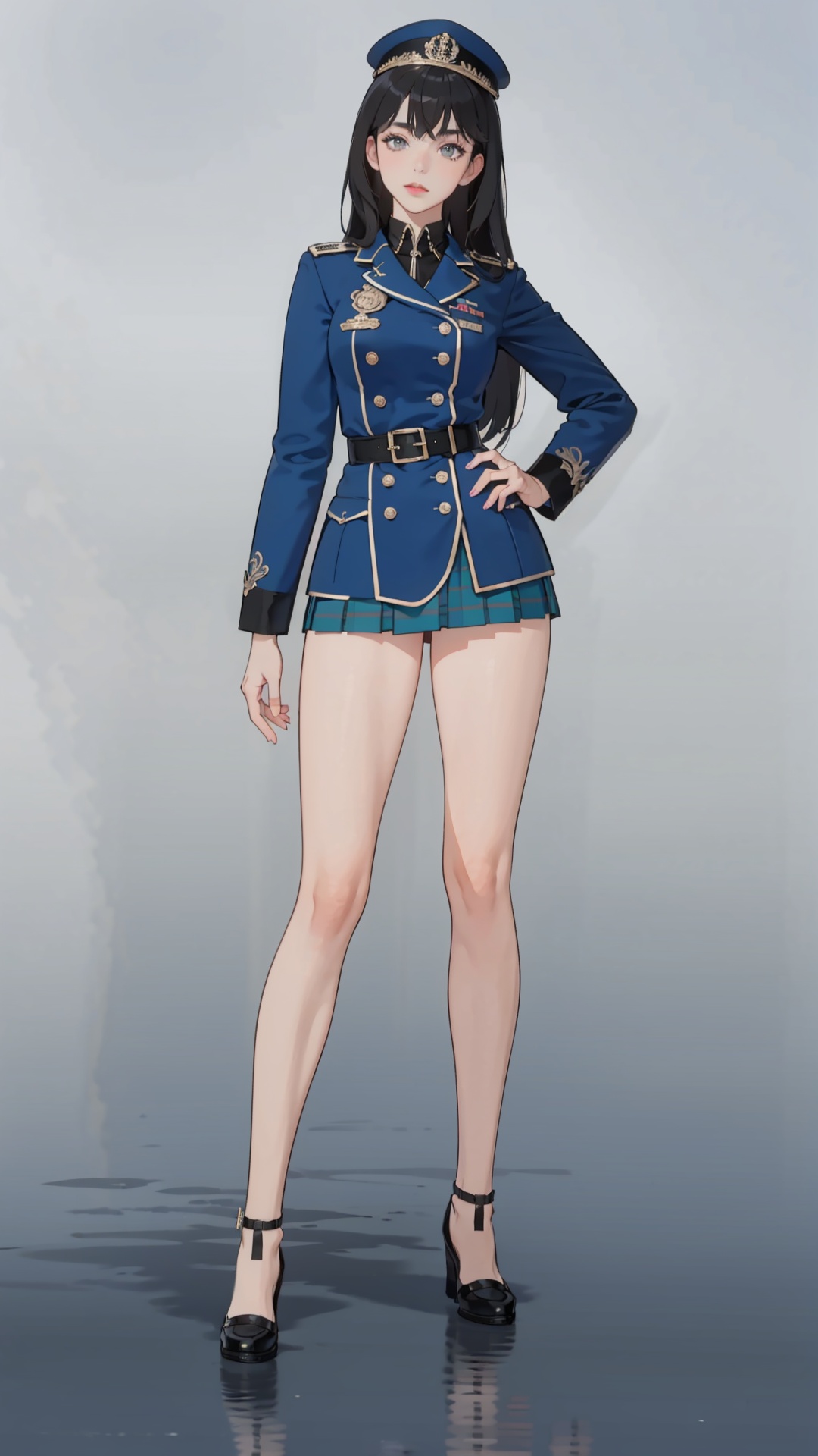 best quality, ultra high res, photoshoot, (photorealistic:1.4), 1girl, super big tits, long hair, she is wearing (blue:1.5) military uniform, kilt, looking at viewer, facing front, wide angle, makeup, full body, stand, sexy, hot,shoushou