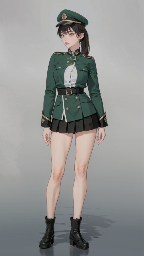 best quality, ultra high res, photoshoot, (photorealistic:1.4), 1girl, super big tits, ponytail, she is wearing (green:1.5) military uniform, lolita skirt, service cap, looking at viewer, facing front, wide angle, makeup, full body, stand, sexy, hot,shoushou