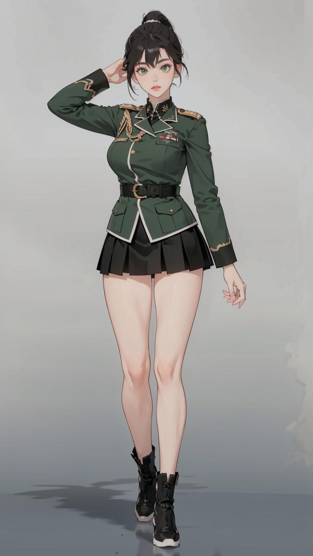 best quality, ultra high res, photoshoot, (photorealistic:1.4), 1girl, super big tits, ponytail, she is wearing (green:1.5) military uniform, lolita skirt, looking at viewer, facing front, wide angle, makeup, full body, stand, sexy, hot,shoushou