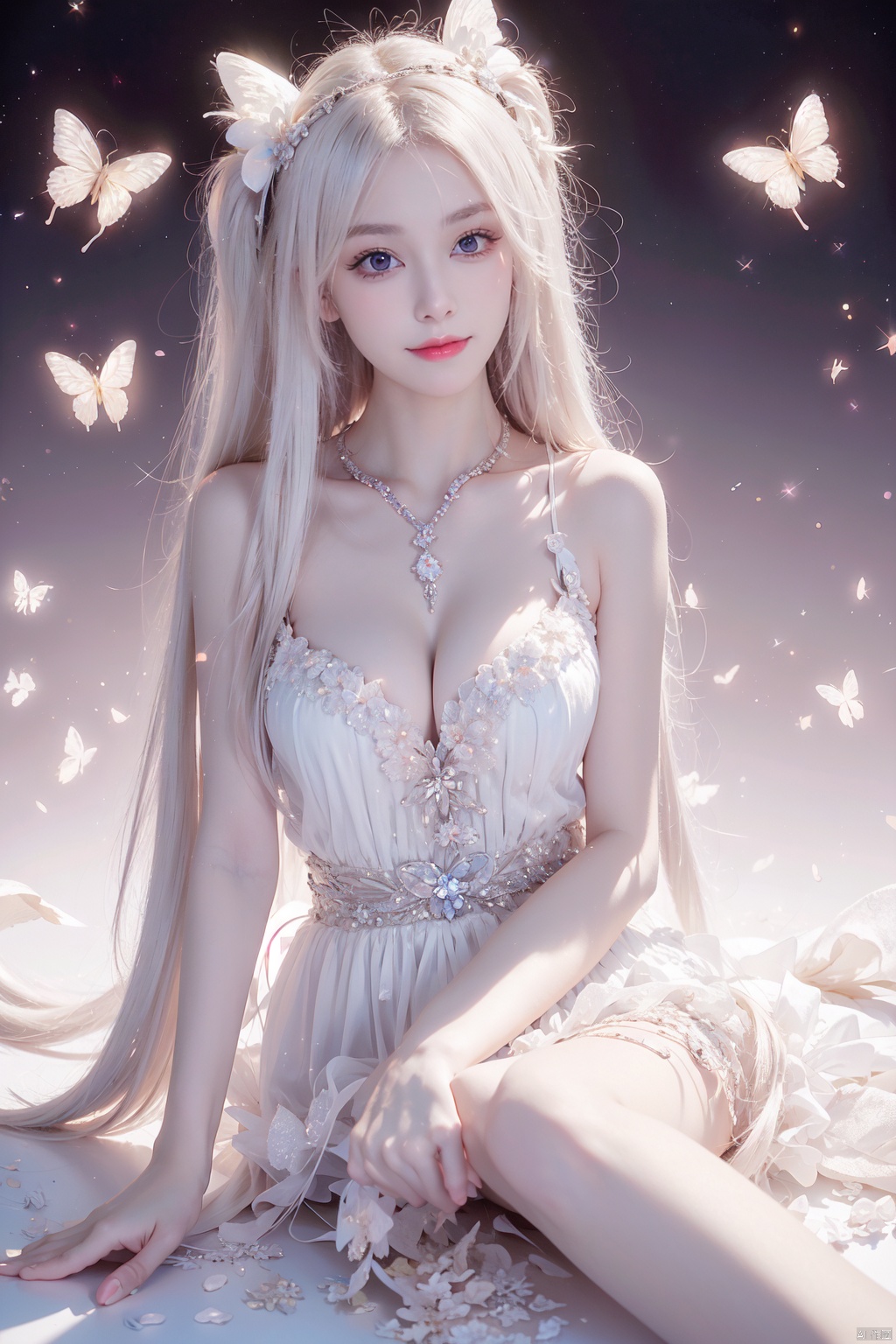  Masterpiece,  8k, best quality, minimalism,
A girl with long white hair, closed mouth smile, butterfly, female focus, sexy figure, solo, crystal, white dress,duck,1girl