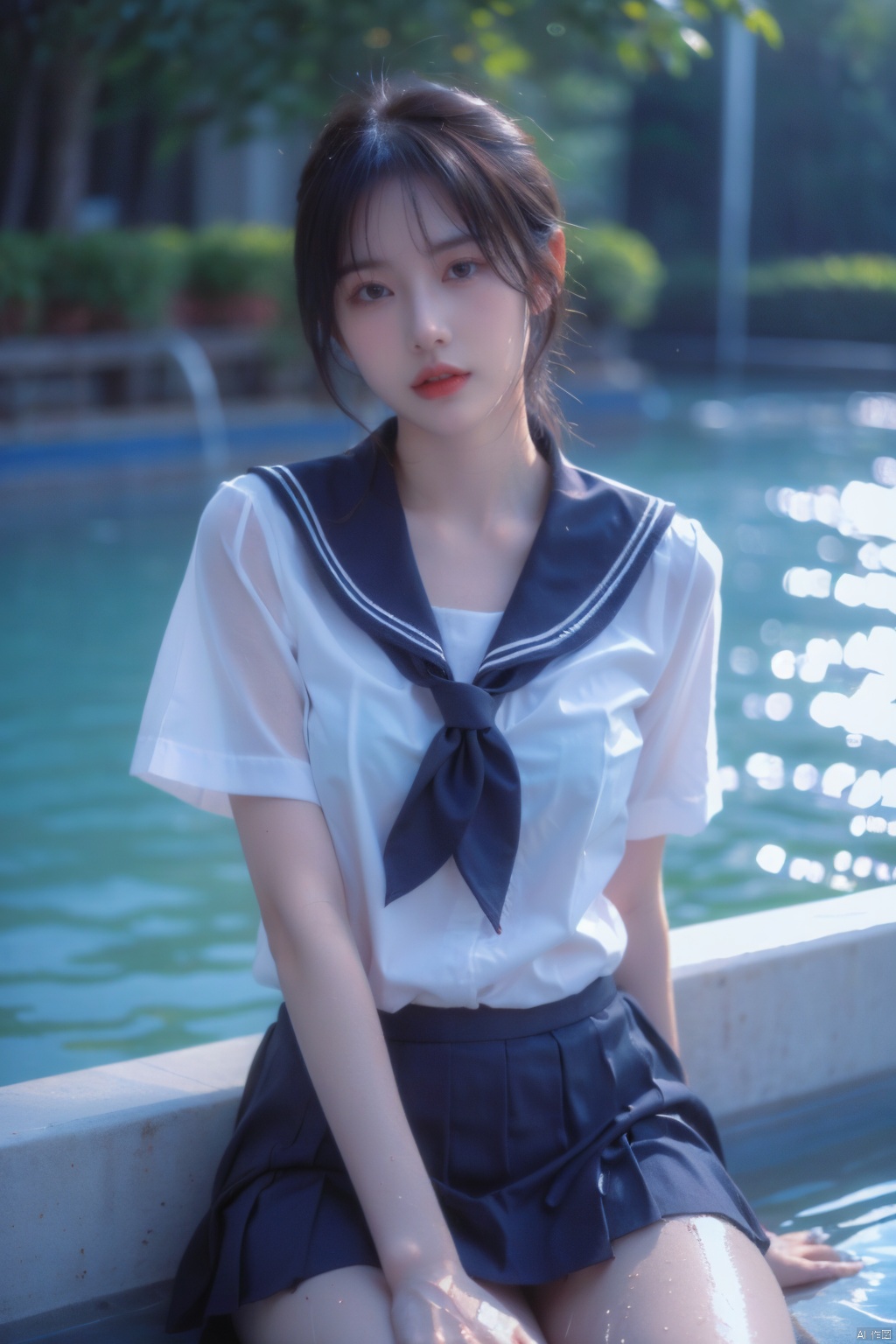 1girl, solo, skirt, school_uniform, serafuku, sitting, black_skirt, pleated_skirt, sailor_collar, looking_at_viewer, blush, short_sleeves, shirt, bangs, white_shirt, parted_lips, brown_hair, neckerchief, see-through, water, wet, black_sailor_collar, wet_clothes, blurry, :o, blurry_foreground, black_hair, underwear, blue_neckerchief, wet_shirt, sunlight