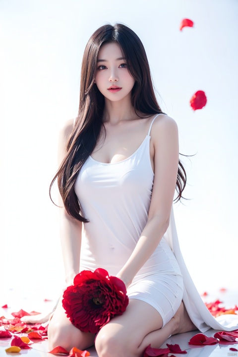  1girl,red eyes,white long translucent night gown,expressionless,(white hair),hair cover one eye,long hair,red hair flower,kneeling on lake,blood,(plenty of red petals:1.05),(white background:1.2),