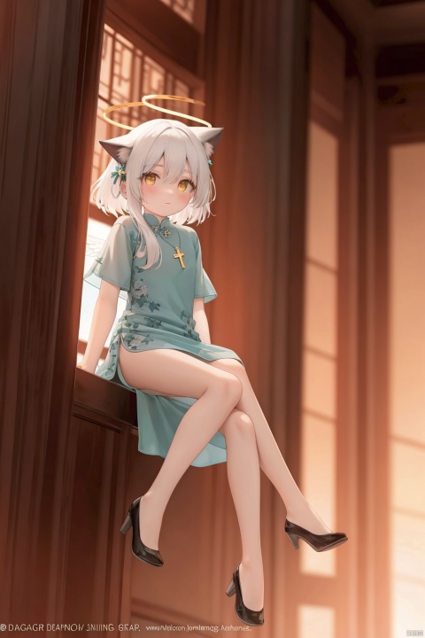  white hair,yellow eyes,looking up,stockings,long hair,hime cut,messy hair,floating hair,demon wings,halo,cross necklace,holy,divinity,shine,holy light,cat girl,(loli),(petite),solo, chinese_opera_jing