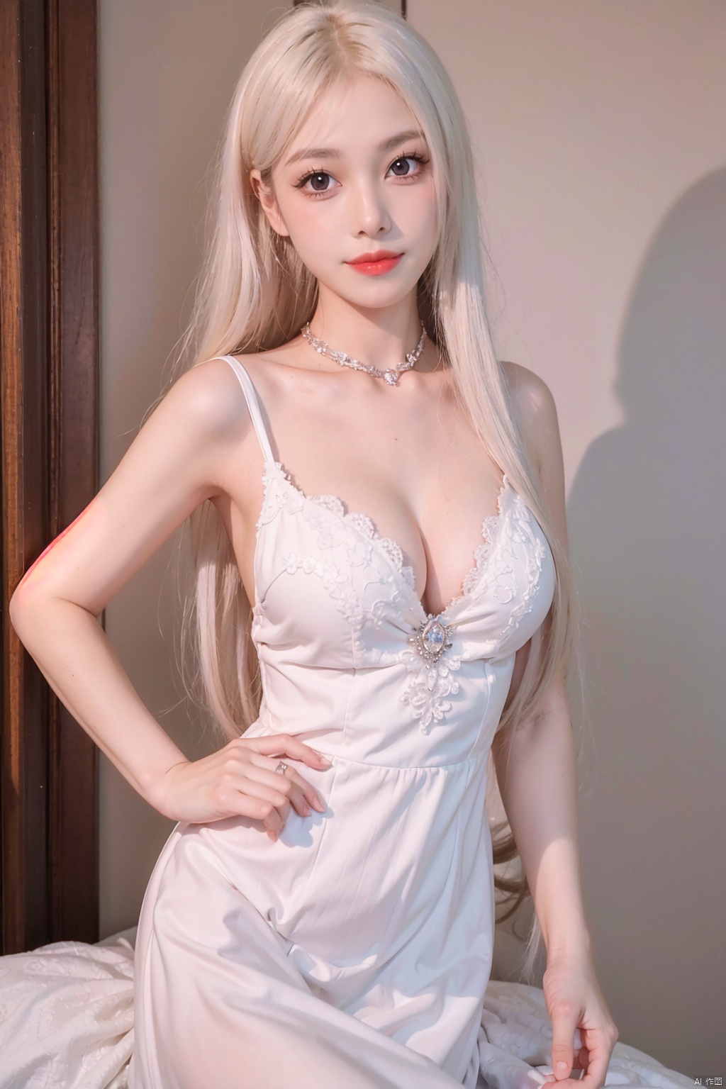  Masterpiece,  8k, best quality, minimalism,
A girl with long white hair, closed mouth smile, butterfly, female focus, sexy figure, solo, crystal, white dress,duck,1girl