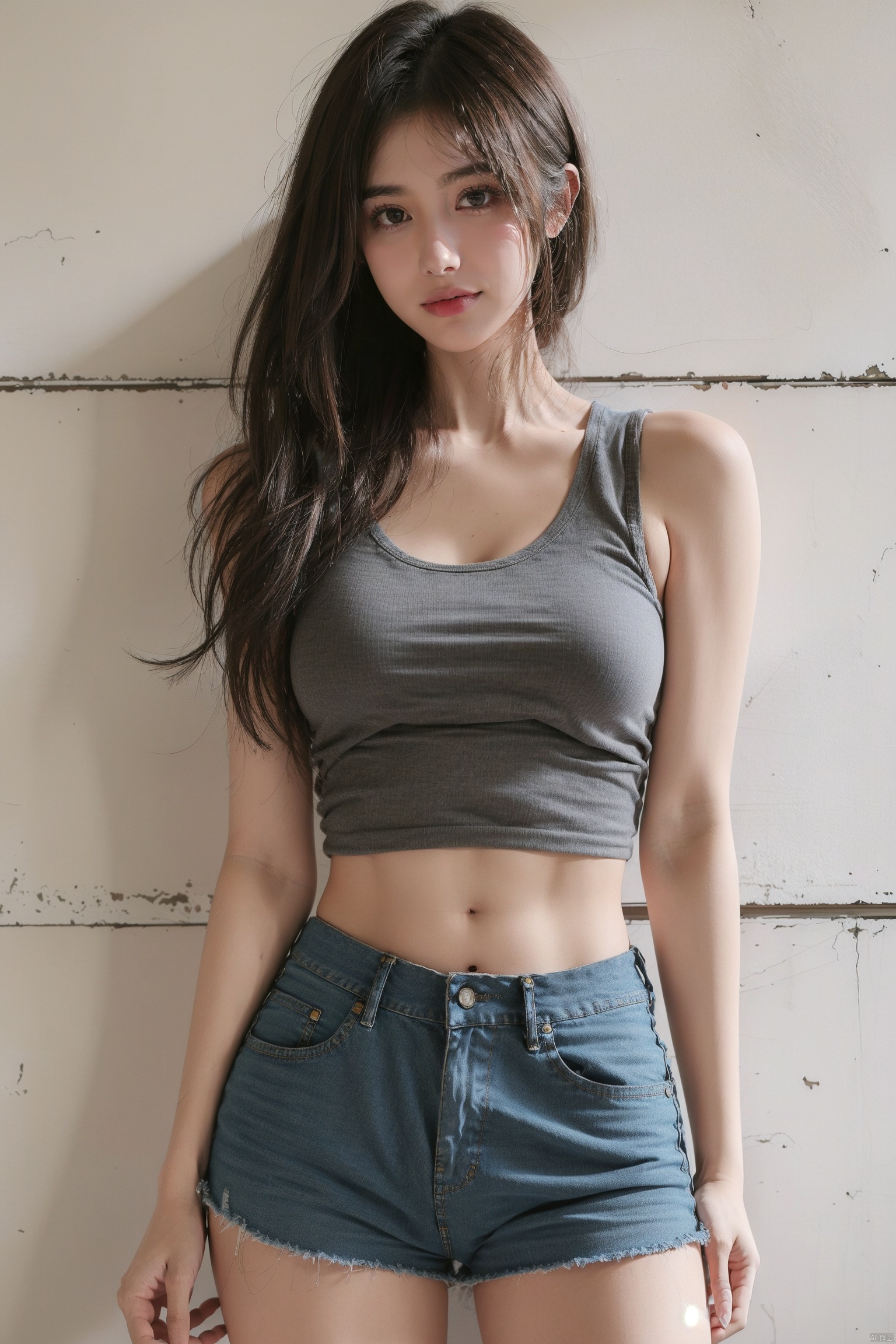 1girl, black_hair, brick_wall, clothes_writing, cutoffs, denim, denim_shorts, lips, long_hair, looking_at_viewer, realistic, short_shorts, shorts, solo, standing, ****_top