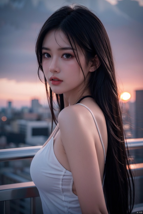 Frontal photography,Look front,evening,dark clouds,the setting sun,On the city rooftop,A 20 year old female,Black top,Black Leggings,black hair,long hair, dark theme, muted tones, pastel colors, high contrast, (natural skin texture, A dim light, high clarity) ((sky background))((Facial highlights)),