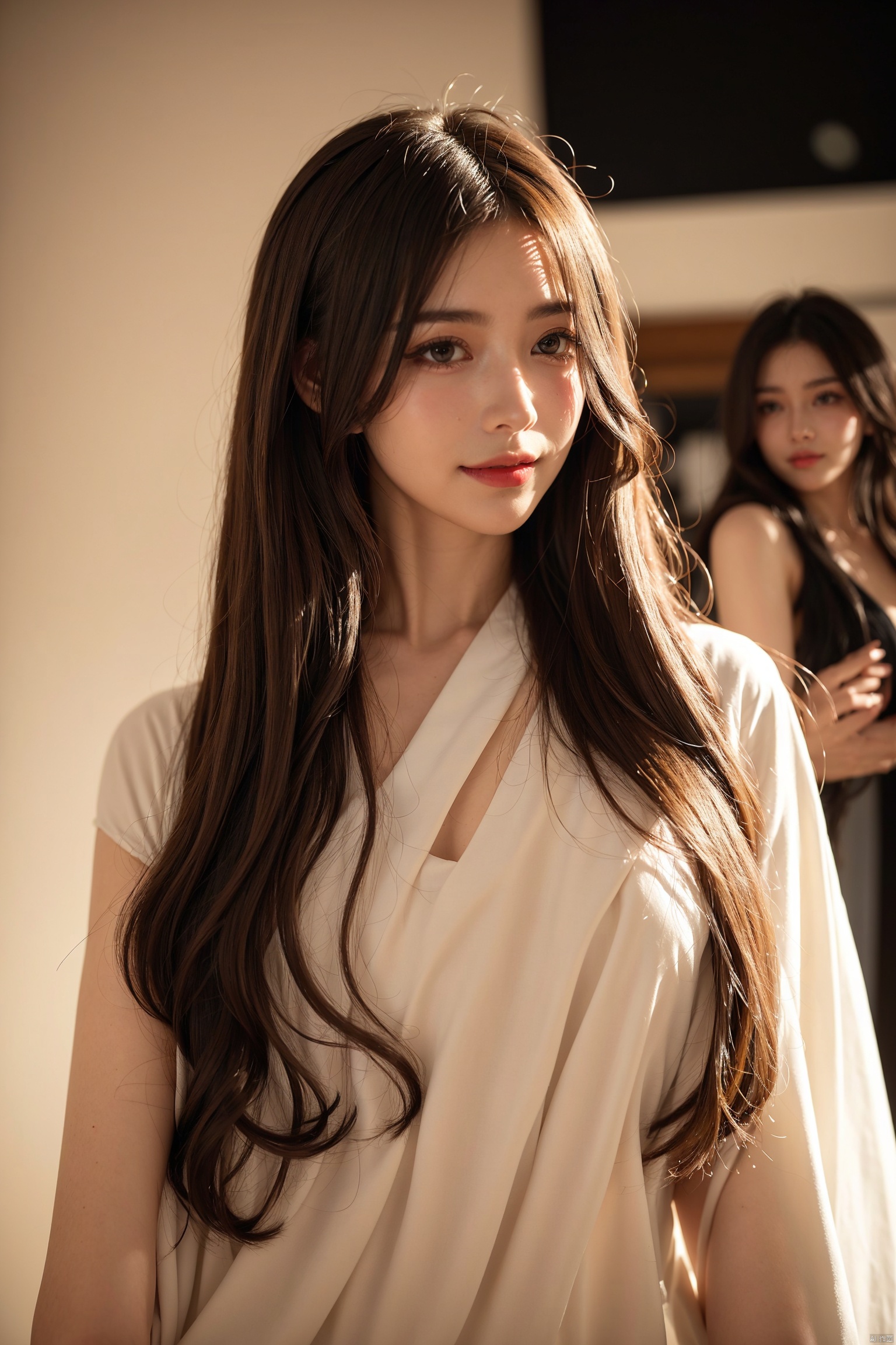  girlvn01, 1girl, hanfu, smile, Stunningly Beautiful girl, Haute_Couture, designer dress, wearing Haute_Couture, posing for a picture, fashion show, long shaped face, dark red eyes, sandy blonde side-wept hair, long hair, long ringlets, catwalk aesthetic, details, highest, amazing,