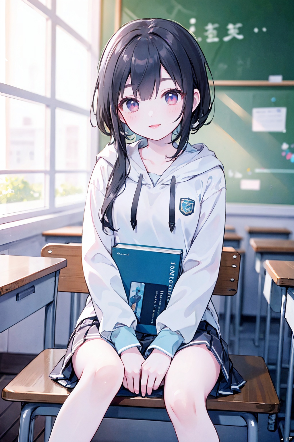  1 girl, Asian, long black hair, fuzzy, fuzzy background, color difference, depth of field, blue and white school uniform, hoodie, lips, long sleeves, looking at the audience, photo (center) , real, sitting in the classroom, blackboard, desk, book, Smile, Solo, solo, 1girl,moyou