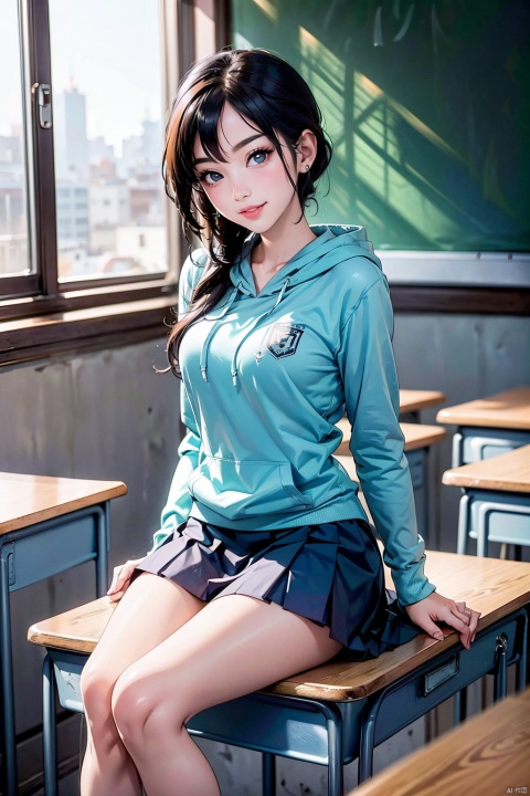  1 girl, Asian, long black hair, fuzzy, fuzzy background, color difference, depth of field, blue and white school uniform, hoodie, lips, long sleeves, looking at the audience, photo (center) , real, sitting in the classroom, blackboard, desk, book, Smile, Solo, solo, 1girl,moyou