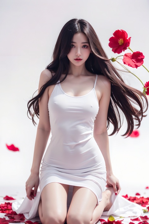  1girl,red eyes,white long translucent night gown,expressionless,(white hair),hair cover one eye,long hair,red hair flower,kneeling on lake,blood,(plenty of red petals:1.05),(white background:1.2),