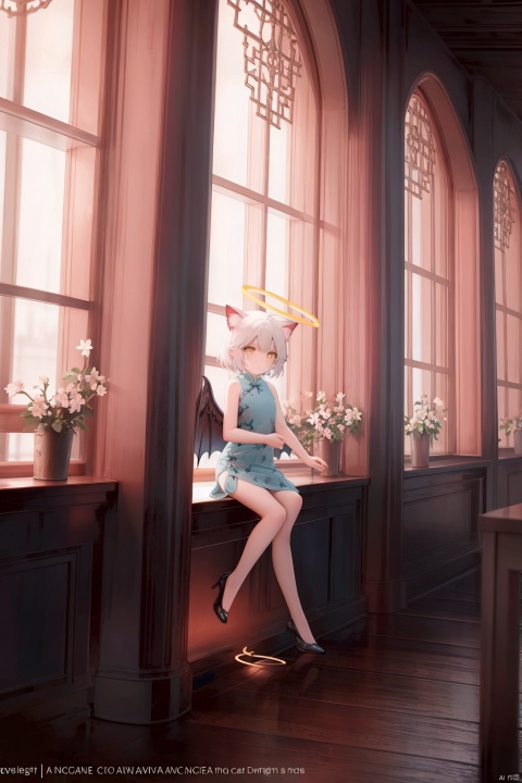  white hair,yellow eyes,looking up,stockings,long hair,hime cut,messy hair,floating hair,demon wings,halo,cross necklace,holy,divinity,shine,holy light,cat girl,(loli),(petite),solo, chinese_opera_jing