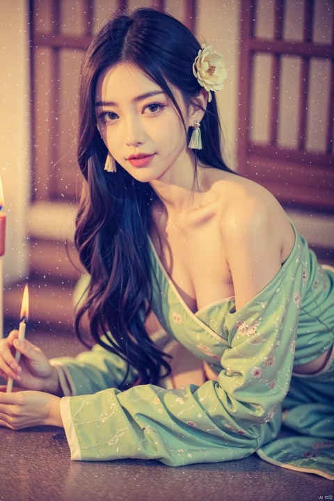 1girl,chinese hanfu,Bare shoulder, Lying on the ground,smile,Holding a big candle, Melting candles dripping onto the body,hair ornament,solo,flower,hair flower,candle,earrings,jewelry,black hair,black eyes,blurry,lips,red lips,looking at viewer,tassel,depth of field,makeup,realistic,(red_clothes:1.3),chinese clothes,