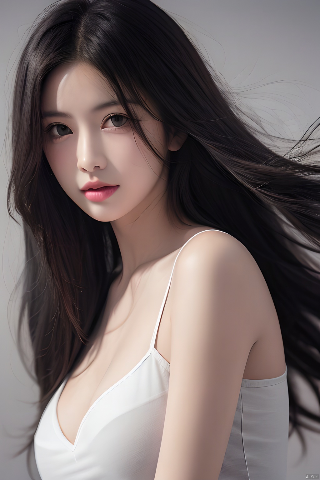  masterpiece, best quality, 1girl ,(( grey background)), long hair, floating hair,looking at viewers, happy, ((front)), (studio light),upper body,soft light, black and white,dark style, summer,