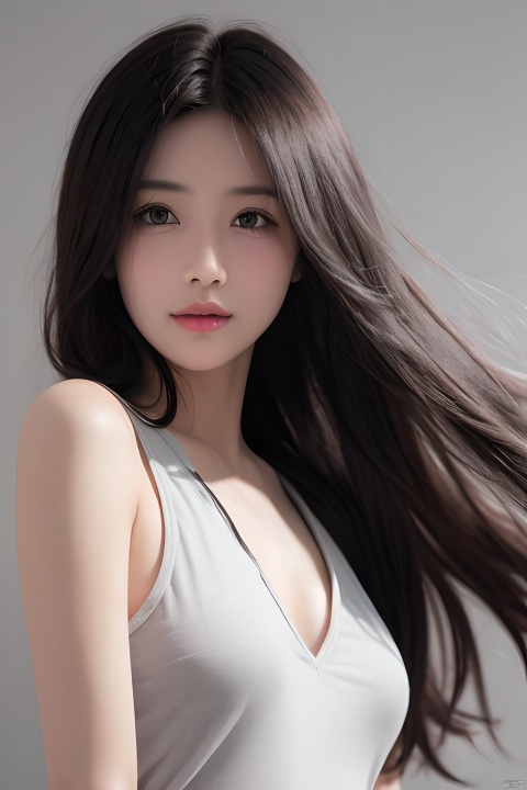  masterpiece, best quality, 1girl ,(( grey background)), long hair, floating hair,looking at viewers, happy, ((front)), (studio light),upper body,soft light, black and white,dark style, summer,