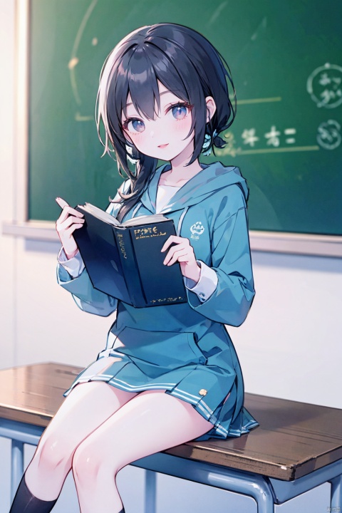  1 girl, Asian, long black hair, fuzzy, fuzzy background, color difference, depth of field, blue and white school uniform, hoodie, lips, long sleeves, looking at the audience, photo (center) , real, sitting in the classroom, blackboard, desk, book, Smile, Solo, solo, 1girl,moyou