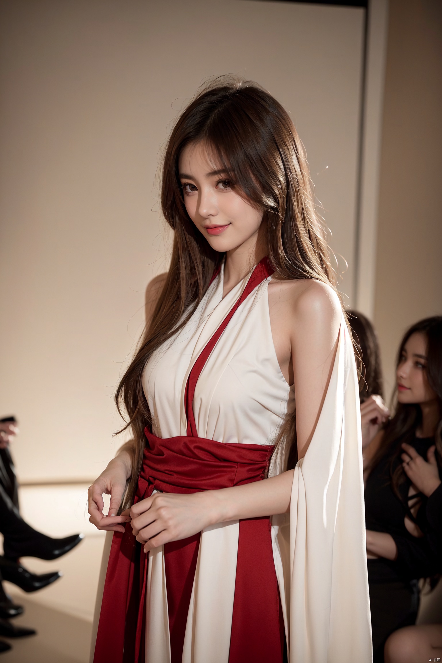  girlvn01, 1girl, hanfu, smile, Stunningly Beautiful girl, Haute_Couture, designer dress, wearing Haute_Couture, posing for a picture, fashion show, long shaped face, dark red eyes, sandy blonde side-wept hair, long hair, long ringlets, catwalk aesthetic, details, highest, amazing,