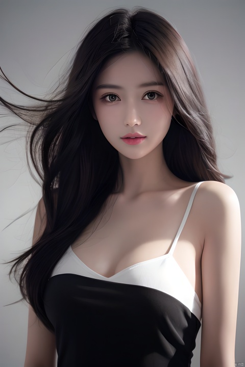  masterpiece, best quality, 1girl ,(( grey background)), long hair, floating hair,looking at viewers, happy, ((front)), (studio light),upper body,soft light, black and white,dark style, summer,