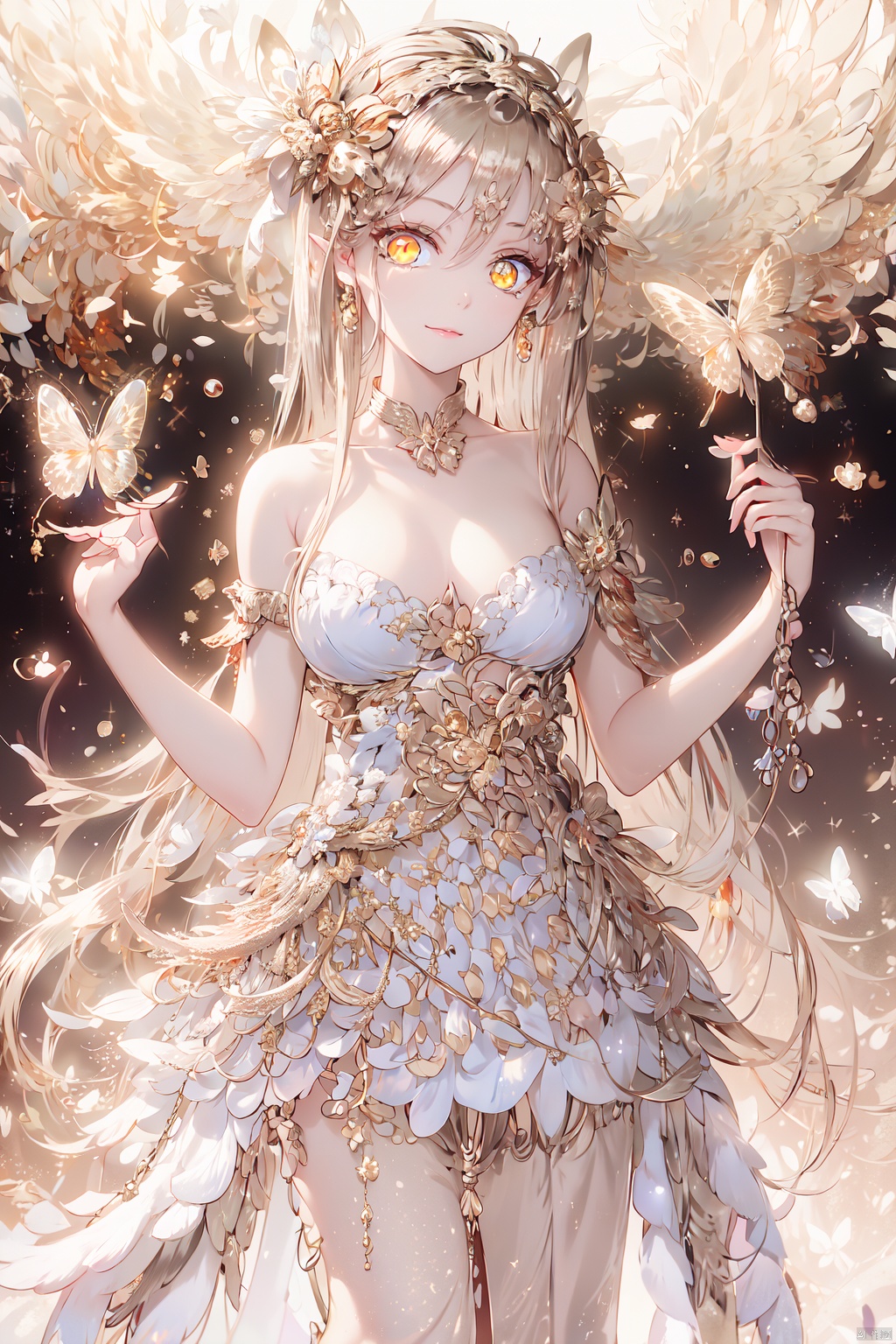  Masterpiece, anime, 8k, best quality, minimalism,
A girl with long white hair, closed mouth smile, butterfly, female focus, sexy figure, solo,
(Golden eyes: 2.0), crystal, white dress,duck