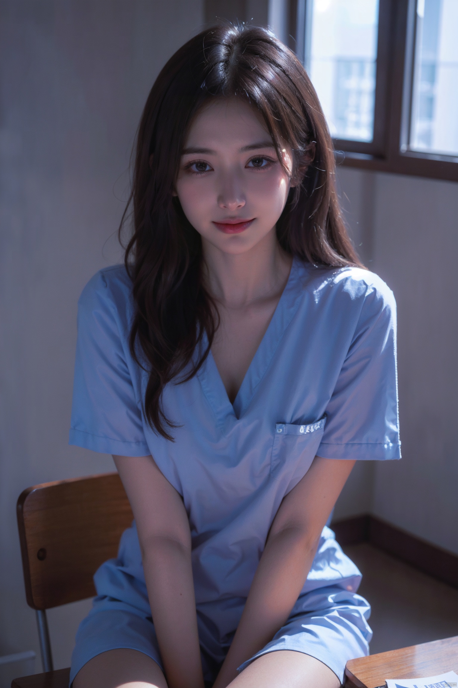 ((Best Quality)),ultra fine,4k,1girl,nurse uniform,red light particle skin,light particle coverage,sitting on the table,smiling at the camera's hook hand,big chest,one leg pressed on the other leg,one hand supported on the table,and the other hand extended towards the light particle particle,light particles covering the body,Light Particle Art,Light particle effects Light particle skin,Light particle energy fluid,Light particles covering the body,Light Particle Art,Light particle effects,1girl,Colorful Girl,