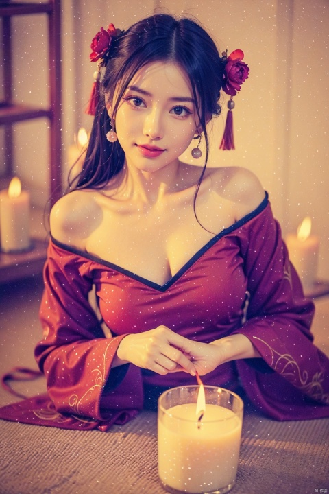 1girl,chinese hanfu,Bare shoulder, Lying on the ground,smile,Holding a big candle, Melting candles dripping onto the body,hair ornament,solo,flower,hair flower,candle,earrings,jewelry,black hair,black eyes,blurry,lips,red lips,looking at viewer,tassel,depth of field,makeup,realistic,(red_clothes:1.3),chinese clothes,