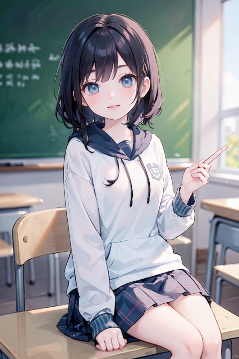  1 girl, Asian, long black hair, fuzzy, fuzzy background, color difference, depth of field, blue and white school uniform, hoodie, lips, long sleeves, looking at the audience, photo (center) , real, sitting in the classroom, blackboard, desk, book, Smile, Solo, solo, 1girl,moyou