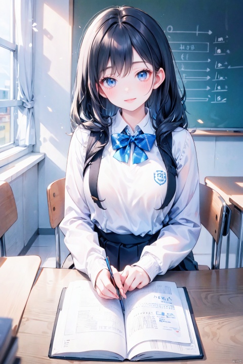  1 girl, Asian, long black hair, fuzzy, fuzzy background, color difference, depth of field, blue and white school uniform, hoodie, lips, long sleeves, looking at the audience, photo (center) , real, sitting in the classroom, blackboard, desk, book, Smile, Solo, solo