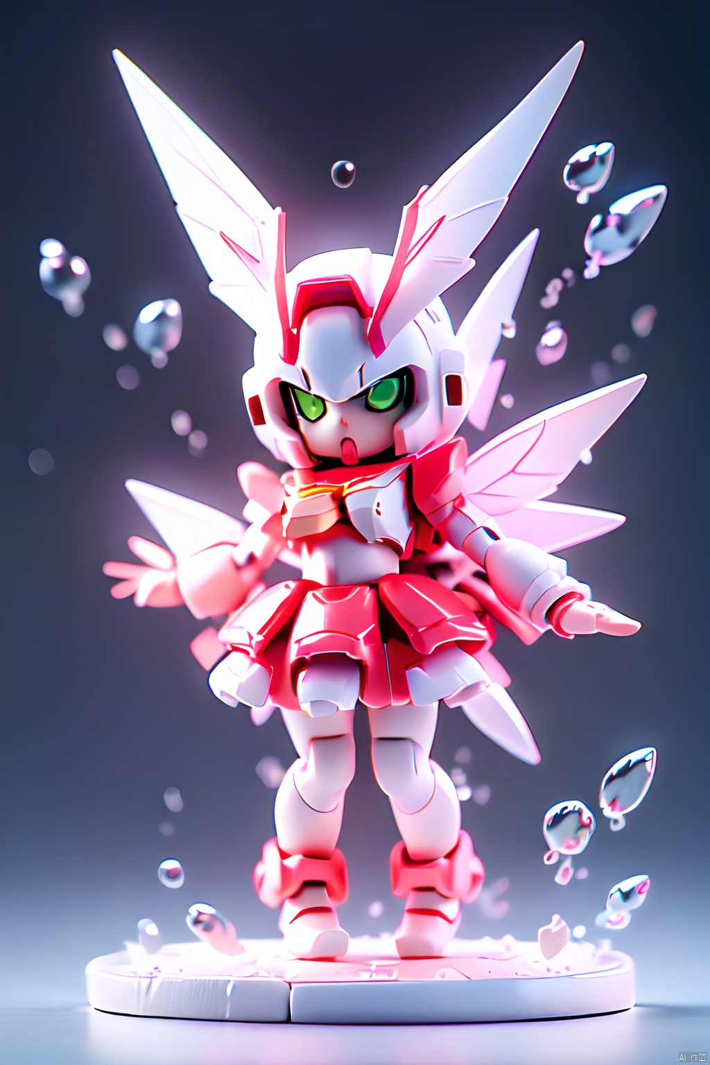 gdsj,mecha,no humans,robot,v-fin,green eyes,solo,glowing,mobile suit,glowing eyes,letterboxed,science fiction,looking at viewer,wings,clenched hands,bubble,(Full body photo),1 Transparent cute fairy,Fantasy glow,clean,white background,(Raytracing, HDR, Reasonable design, High detail, Masterpiece, Best quality, Ultra HD),light pink skirt,dull polish,3D render,