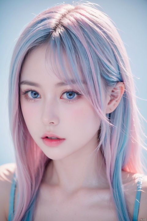 1girl, solo, xiaowu, BIG EYES, xxmix girl woman, <(masterpiece, realistic:1.3), (extremely intricate:1.2)>, portrait of a girl, sliver gradient hair, (sliver hair:1.1), (light blue hair:1.1), (pink hair:1.2), ((solid color background:1.3)), beautiful detailed glow, (detailed ice), beautiful detailed water, 