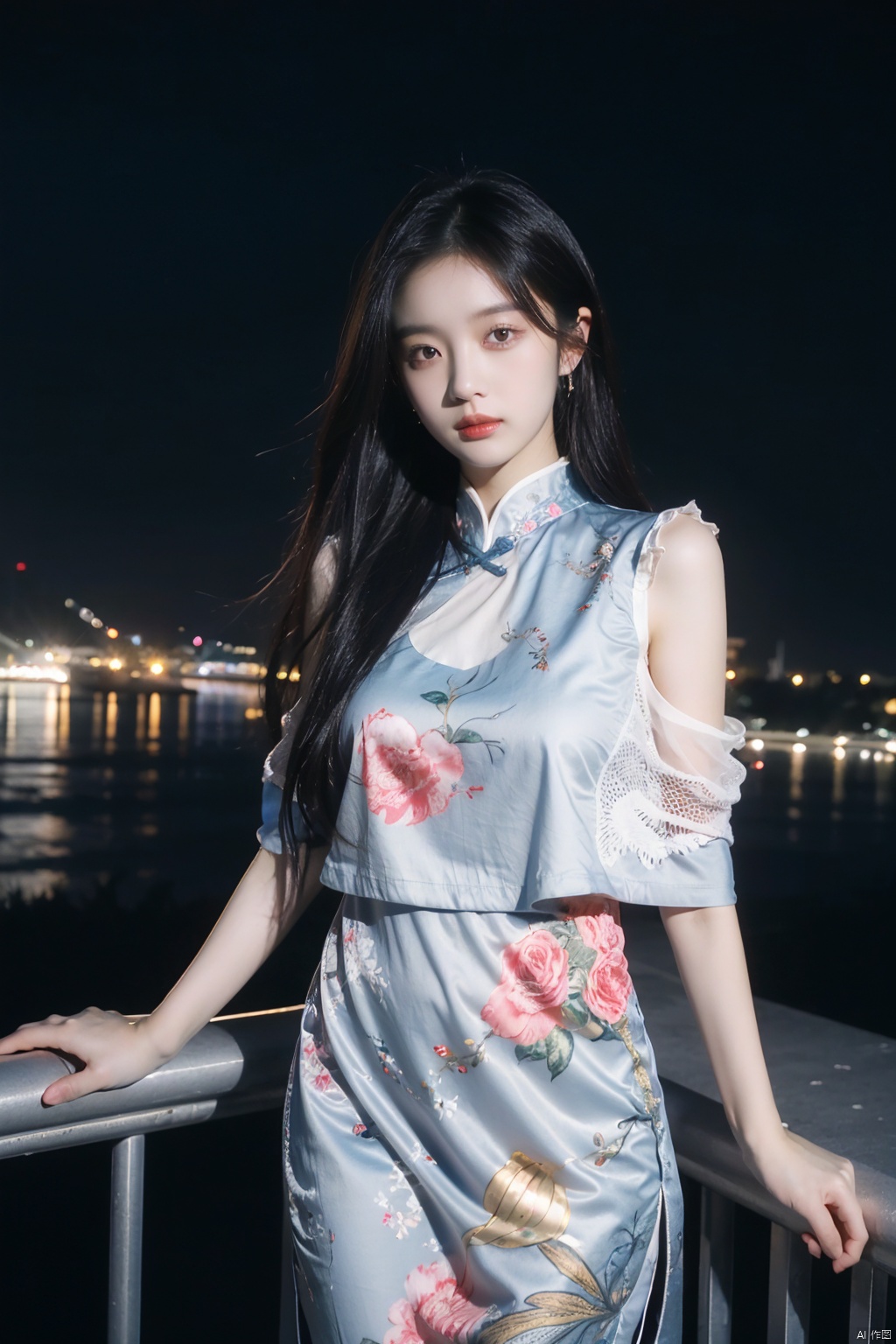 best quality,HDR,UHD,8K,Vivid Colors,solo,photo_(medium),pov,cute & girly,(night:1.4),(looking at viewer:1.5),city lights,street,, rc,chinese dress,print dress,capelet, , lau