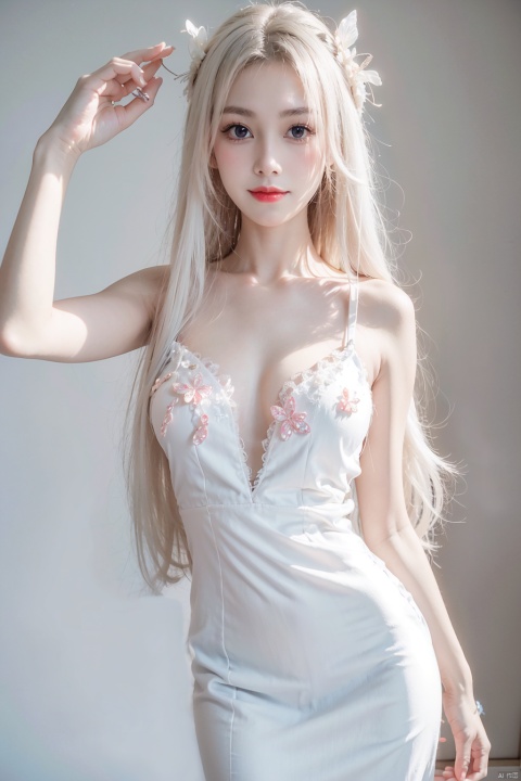  Masterpiece,  8k, best quality, minimalism,
A girl with long white hair, closed mouth smile, butterfly, female focus, sexy figure, solo, crystal, white dress,duck,1girl