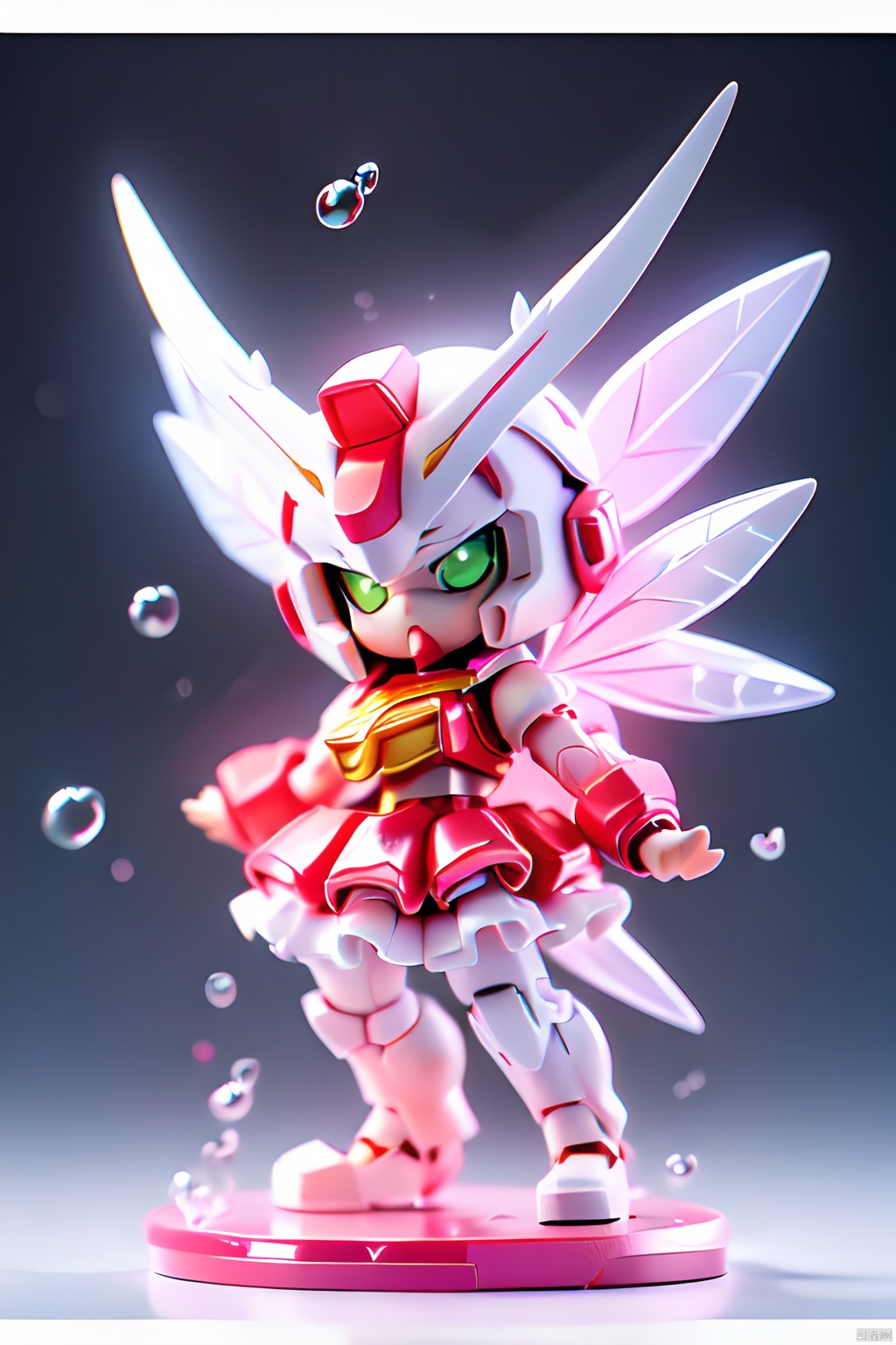 gdsj,mecha,no humans,robot,v-fin,green eyes,solo,glowing,mobile suit,glowing eyes,letterboxed,science fiction,looking at viewer,wings,clenched hands,bubble,(Full body photo),1 Transparent cute fairy,Fantasy glow,clean,white background,(Raytracing, HDR, Reasonable design, High detail, Masterpiece, Best quality, Ultra HD),light pink skirt,dull polish,3D render,