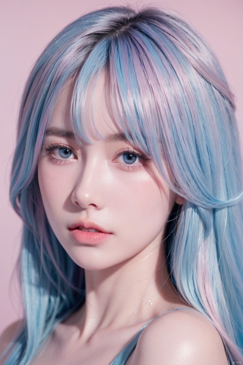 1girl, solo, xiaowu, BIG EYES, xxmix girl woman, <(masterpiece, realistic:1.3), (extremely intricate:1.2)>, portrait of a girl, sliver gradient hair, (sliver hair:1.1), (light blue hair:1.1), (pink hair:1.2), ((solid color background:1.3)), beautiful detailed glow, (detailed ice), beautiful detailed water, 