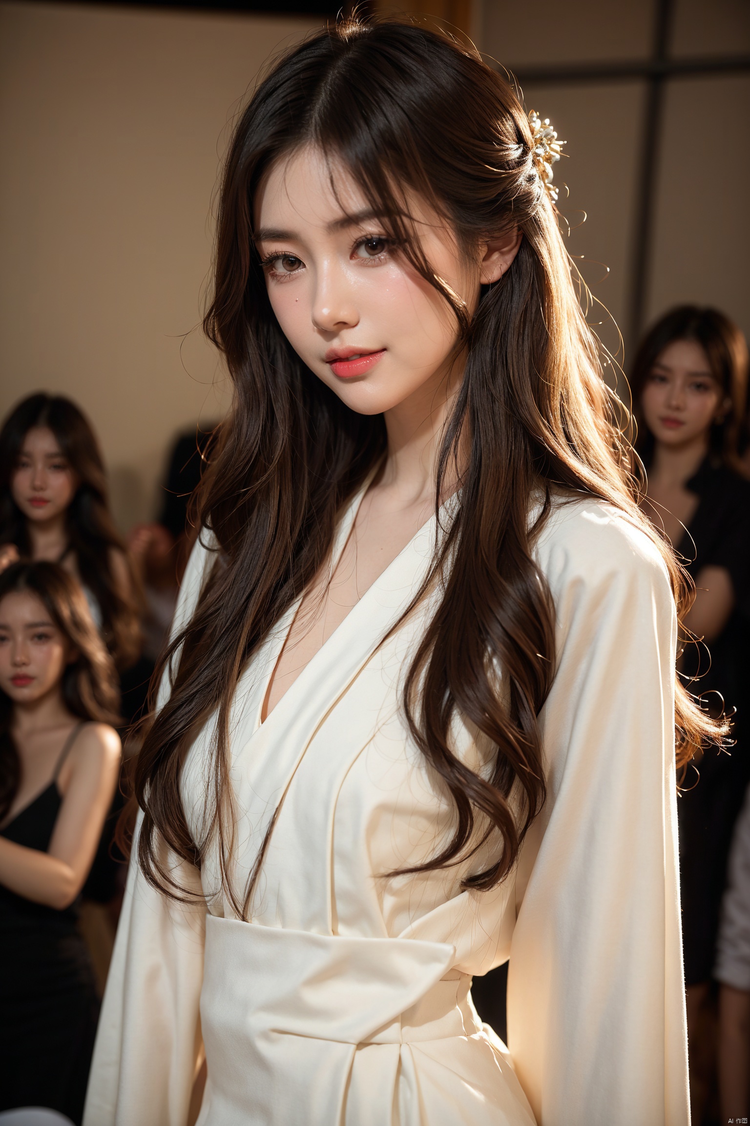  girlvn01, 1girl, hanfu, smile, Stunningly Beautiful girl, Haute_Couture, designer dress, wearing Haute_Couture, posing for a picture, fashion show, long shaped face, dark red eyes, sandy blonde side-wept hair, long hair, long ringlets, catwalk aesthetic, details, highest, amazing,