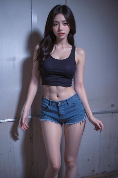 1girl, black_hair, brick_wall, clothes_writing, cutoffs, denim, denim_shorts, lips, long_hair, looking_at_viewer, realistic, short_shorts, shorts, solo, standing, tank_top