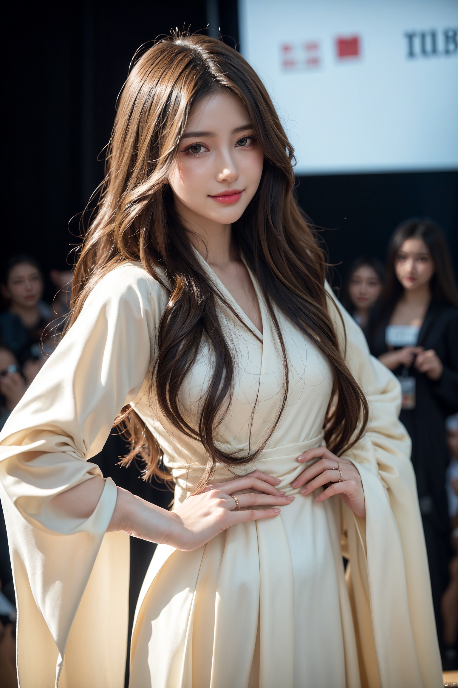  girlvn01, 1girl, hanfu, smile, Stunningly Beautiful girl, Haute_Couture, designer dress, wearing Haute_Couture, posing for a picture, fashion show, long shaped face, dark red eyes, sandy blonde side-wept hair, long hair, long ringlets, catwalk aesthetic, details, highest, amazing,