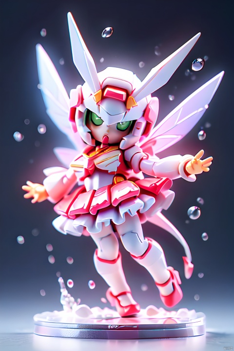 gdsj,mecha,no humans,robot,v-fin,green eyes,solo,glowing,mobile suit,glowing eyes,letterboxed,science fiction,looking at viewer,wings,clenched hands,bubble,(Full body photo),1 Transparent cute fairy,Fantasy glow,clean,white background,(Raytracing, HDR, Reasonable design, High detail, Masterpiece, Best quality, Ultra HD),light pink skirt,dull polish,3D render,