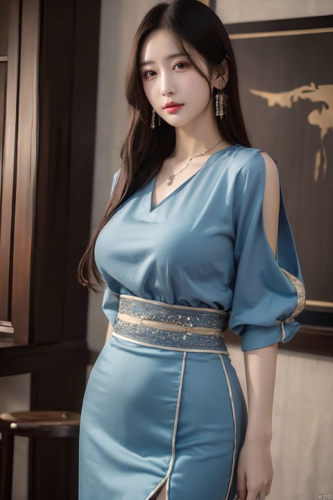 (photorealistic, best quality, ultra high res, extremely detailed eyes and face:1.3),(1girl, solo:1.3),skirt,jewelry,long_hair,necklace,earrings,perfect body,standing,large breasts,looking at viewer,chinese clothes,china dress,hanfu,