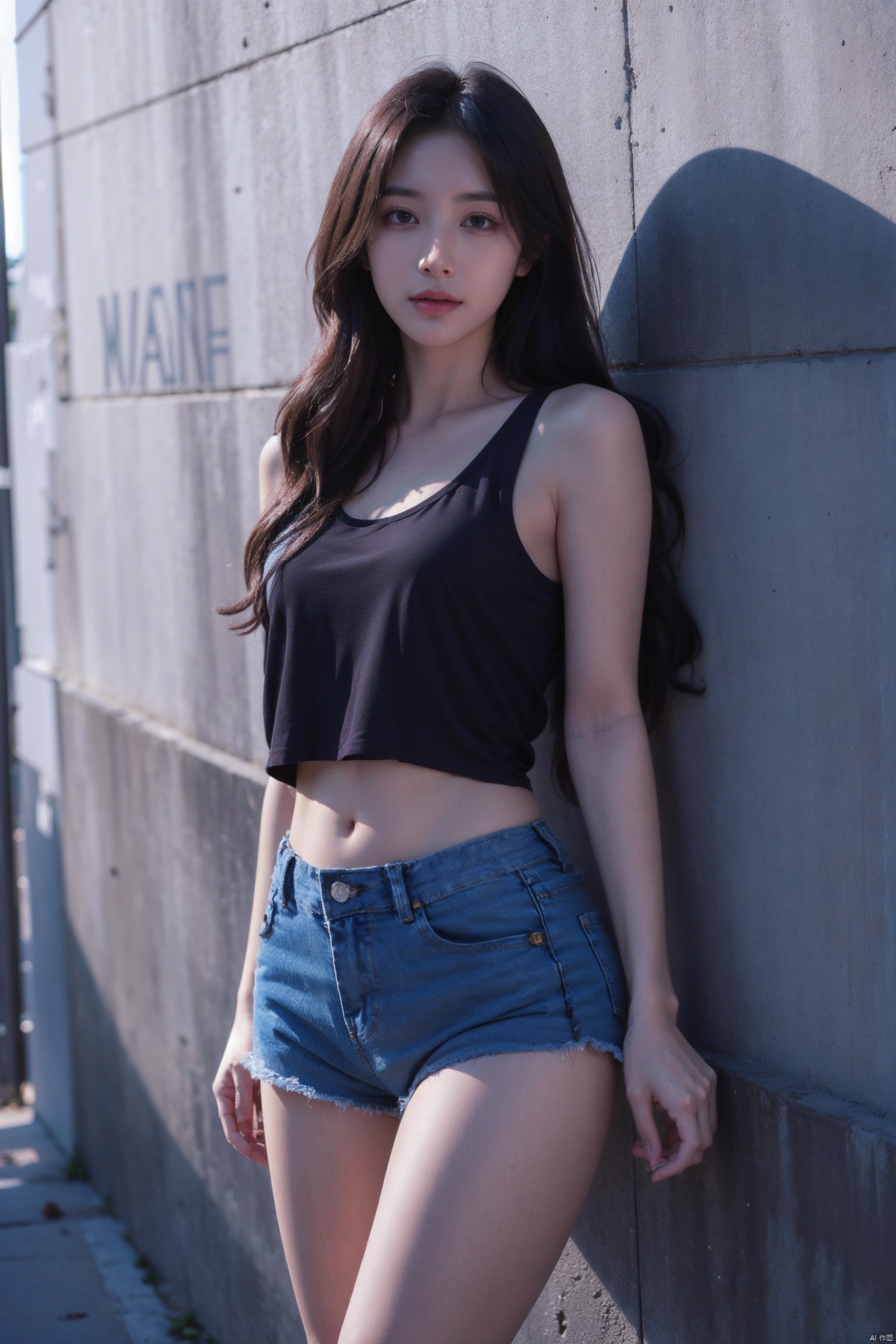 1girl, black_hair, brick_wall, clothes_writing, cutoffs, denim, denim_shorts, lips, long_hair, looking_at_viewer, realistic, short_shorts, shorts, solo, standing, ****_top