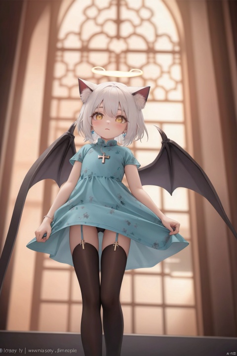 white hair,yellow eyes,looking up,stockings,long hair,hime cut,messy hair,floating hair,demon wings,halo,cross necklace,holy,divinity,shine,holy light,cat girl,(loli),(petite),solo, chinese_opera_jing