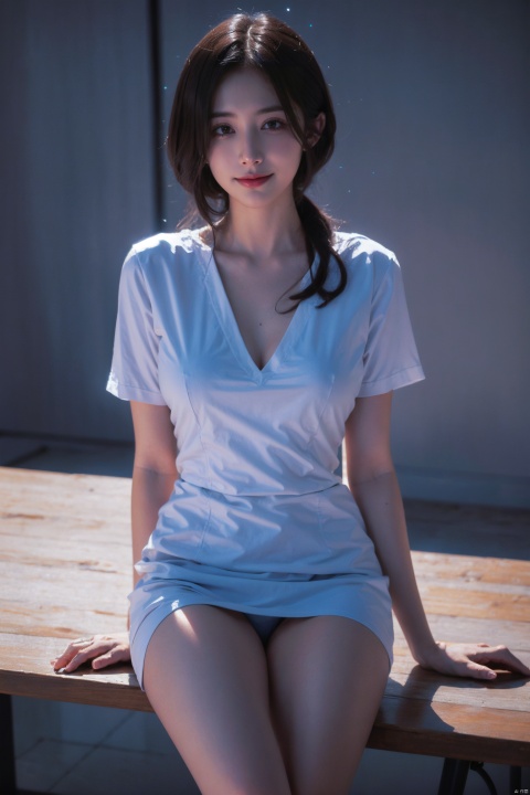 ((Best Quality)),ultra fine,4k,1girl,nurse uniform,red light particle skin,light particle coverage,sitting on the table,smiling at the camera's hook hand,big chest,one leg pressed on the other leg,one hand supported on the table,and the other hand extended towards the light particle particle,light particles covering the body,Light Particle Art,Light particle effects Light particle skin,Light particle energy fluid,Light particles covering the body,Light Particle Art,Light particle effects,1girl,Colorful Girl,