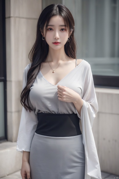 (photorealistic, best quality, ultra high res, extremely detailed eyes and face:1.3),(1girl, solo:1.3),skirt,jewelry,long_hair,necklace,earrings,perfect body,standing,large breasts,looking at viewer,chinese clothes,china dress,hanfu,