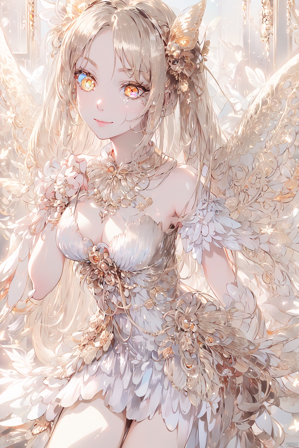  Masterpiece, anime, 8k, best quality, minimalism,
A girl with long white hair, closed mouth smile, butterfly, female focus, sexy figure, solo,
(Golden eyes: 2.0), crystal, white dress,duck