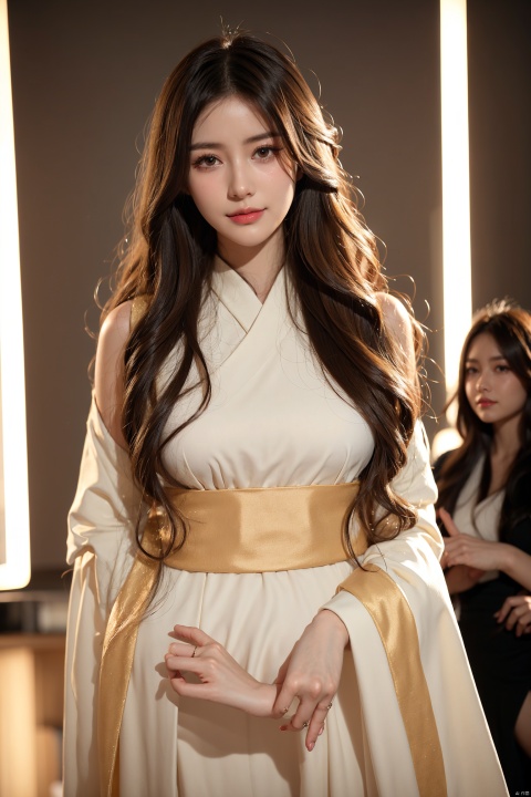  girlvn01, 1girl, hanfu, smile, Stunningly Beautiful girl, Haute_Couture, designer dress, wearing Haute_Couture, posing for a picture, fashion show, long shaped face, dark red eyes, sandy blonde side-wept hair, long hair, long ringlets, catwalk aesthetic, details, highest, amazing,