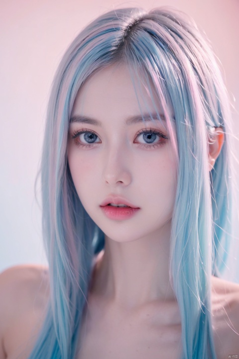 1girl, solo, xiaowu, BIG EYES, xxmix girl woman, <(masterpiece, realistic:1.3), (extremely intricate:1.2)>, portrait of a girl, sliver gradient hair, (sliver hair:1.1), (light blue hair:1.1), (pink hair:1.2), ((solid color background:1.3)), beautiful detailed glow, (detailed ice), beautiful detailed water, 