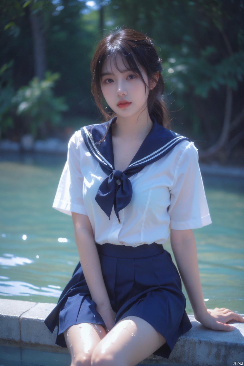 1girl, solo, skirt, school_uniform, serafuku, sitting, black_skirt, pleated_skirt, sailor_collar, looking_at_viewer, blush, short_sleeves, shirt, bangs, white_shirt, parted_lips, brown_hair, neckerchief, see-through, water, wet, black_sailor_collar, wet_clothes, blurry, :o, blurry_foreground, black_hair, underwear, blue_neckerchief, wet_shirt, sunlight