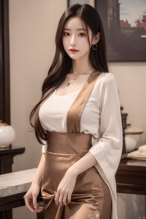 (photorealistic, best quality, ultra high res, extremely detailed eyes and face:1.3),(1girl, solo:1.3),skirt,jewelry,long_hair,necklace,earrings,perfect body,standing,large breasts,looking at viewer,chinese clothes,china dress,hanfu,