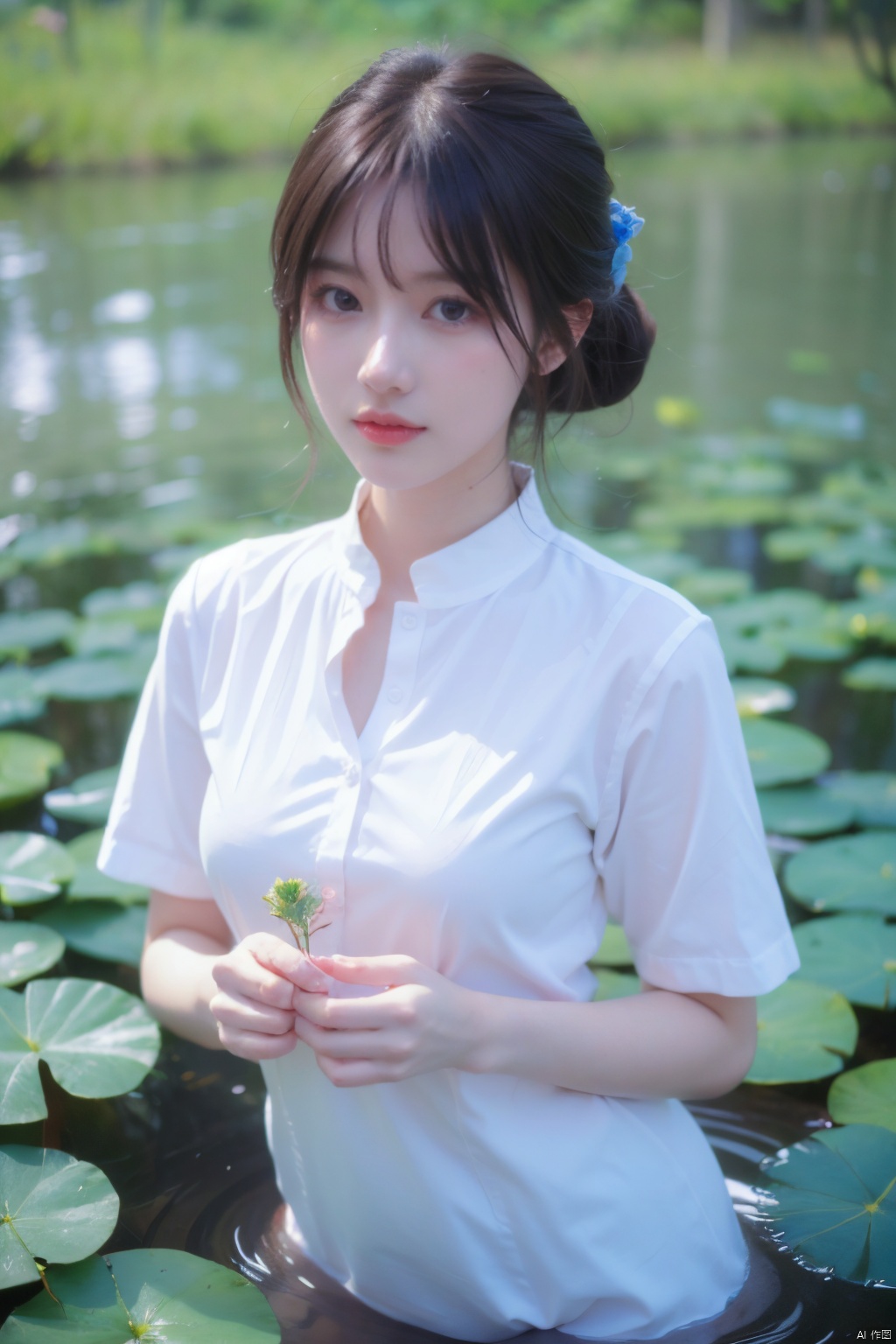 masterpiece,best quality,high quality,(colorful),[Artist onineko],[Artist chen bin],[Artist agwing86],[[Artist wlop]], 1girl, solo, petite, flower, white hair,green hair, dress, looking at viewer, holding, water, blue dress, pink flower, short sleeves, blush, shirt, holding flower, white shirt, closed mouth, petals, wading, lily pad, green eyes,symbol-shaped pupils, bangs, breasts,cross-shaped pupils, hair ornament, gradient hair, white dress, nahida (genshin impact), loli