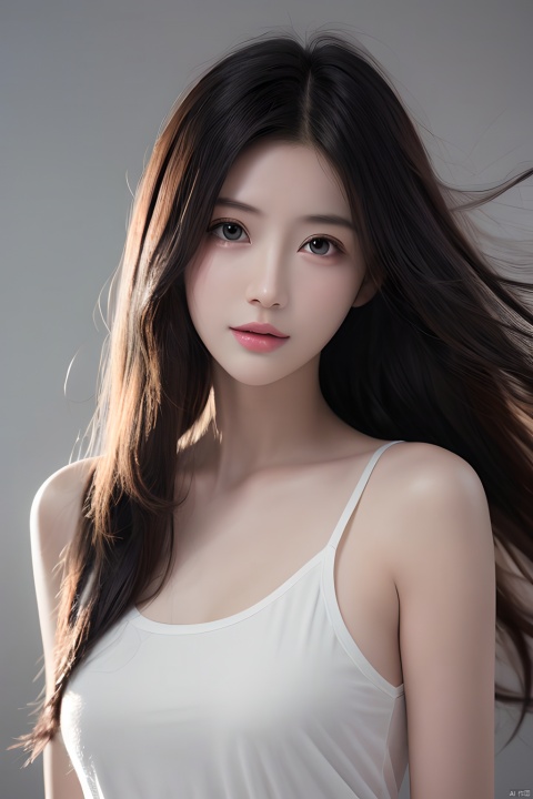  masterpiece, best quality, 1girl ,(( grey background)), long hair, floating hair,looking at viewers, happy, ((front)), (studio light),upper body,soft light, black and white,dark style, summer,