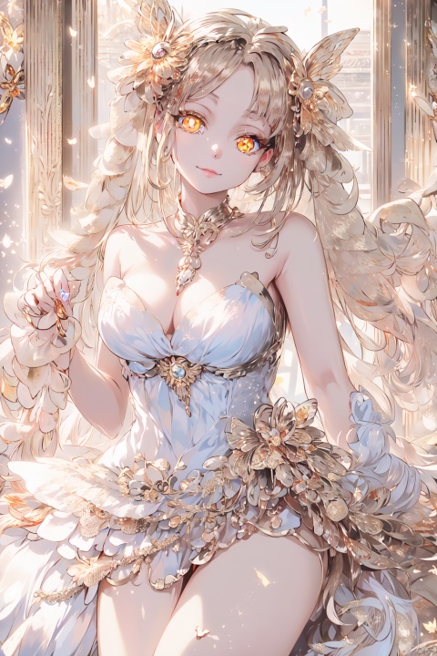  Masterpiece, anime, 8k, best quality, minimalism,
A girl with long white hair, closed mouth smile, butterfly, female focus, sexy figure, solo,
(Golden eyes: 2.0), crystal, white dress,duck