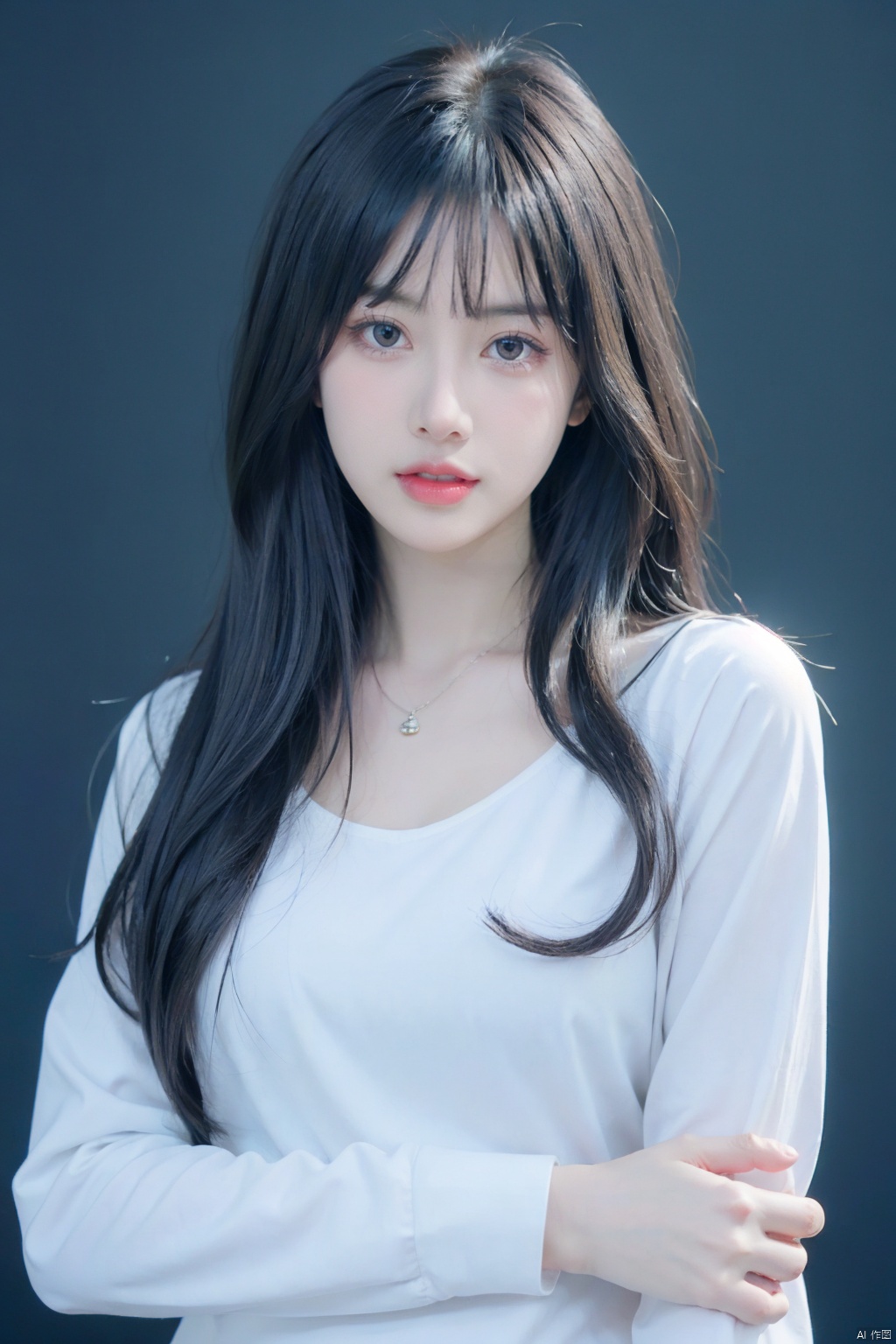  1girl,solo,black hair,long hair,jewelry,bangs,looking at viewer,blunt bangs,grey eyes,branch,bracelet,upper body,ring,flower,lips,straight hair,hand up,closed mouth,black background,red lips,beads,long sleeves,moyou